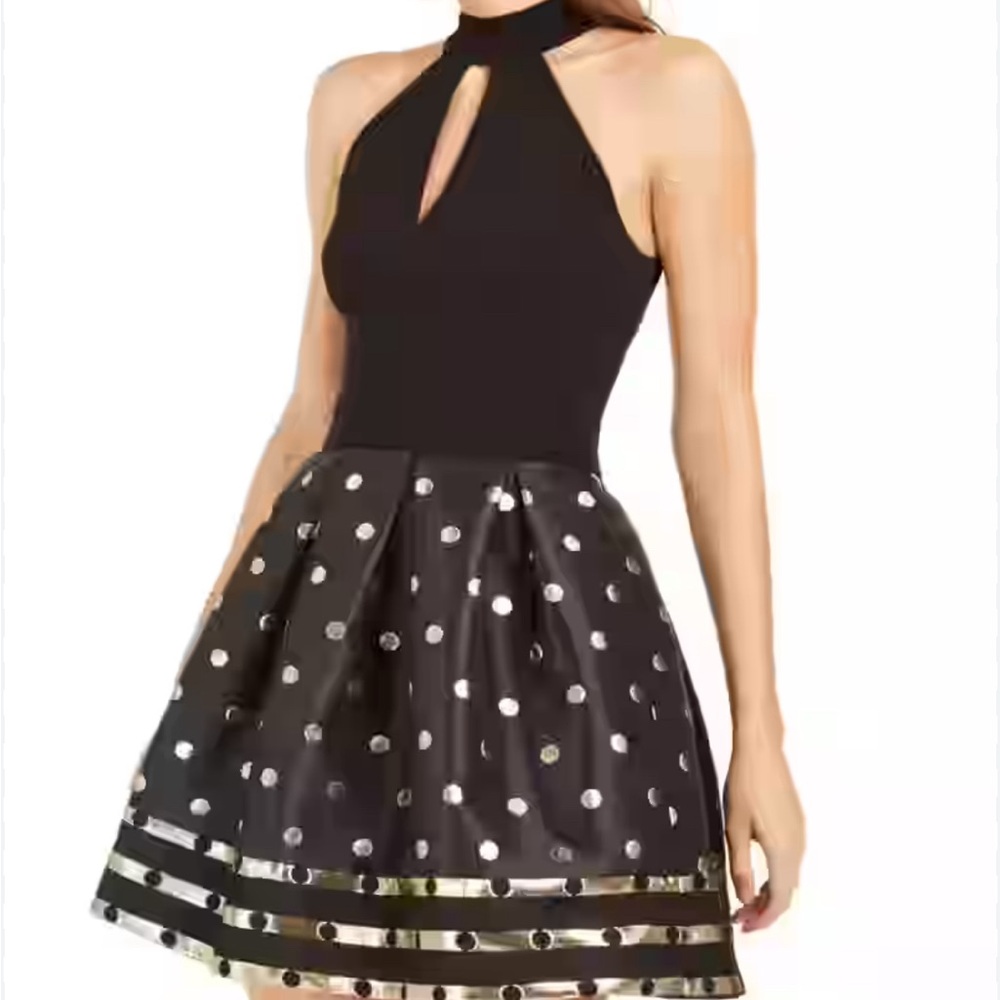BETSEY JOHNSON Womens Black Polka Dot Sleeveless Keyhole Short Party Fit + Flare